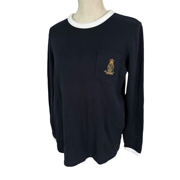 Lauren Ralph‎ Lauren Navy Blue Embroidered Pocket Crest Crewneck Sweater Size M - Picture 1 of 8